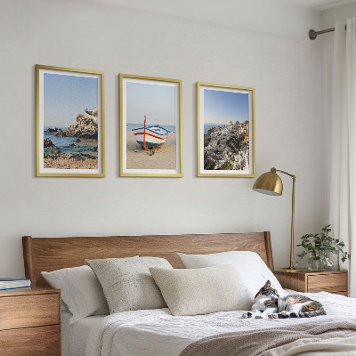 Juego de 3 cuadros Vistas de Grecia con un barco y casas.