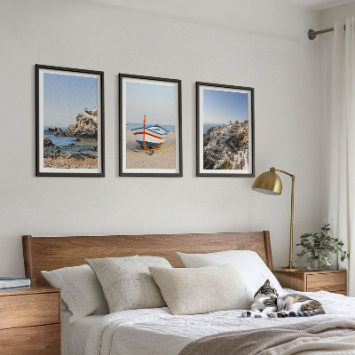 Juego de 3 cuadros Vistas de Grecia con un barco y casas.