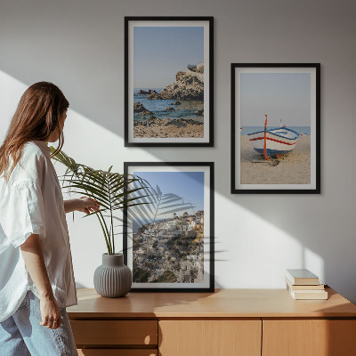 Juego de 3 cuadros Vistas de Grecia con un barco y casas.