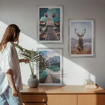 Set de 3 cuadros para salón con diseño de lago, barcos, ciervos y montañas
