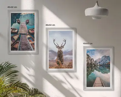 Set de 3 cuadros para salón con diseño de lago, barcos, ciervos y montañas