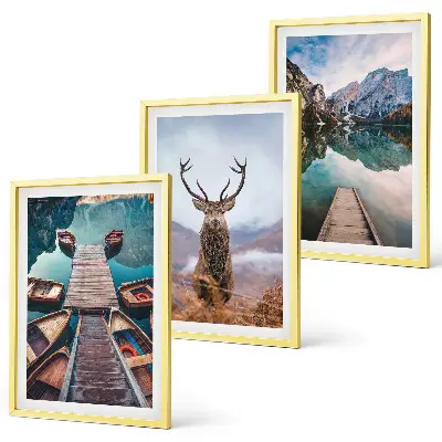 Set de 3 cuadros para salón con diseño de lago, barcos, ciervos y montañas