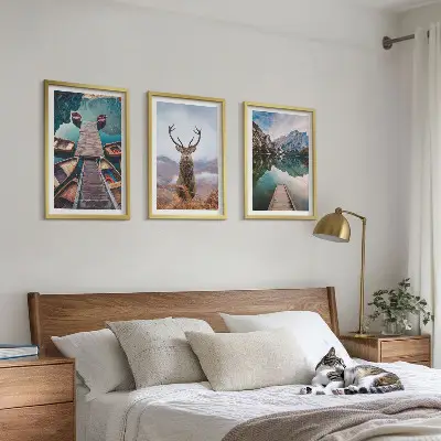 Set de 3 cuadros para salón con diseño de lago, barcos, ciervos y montañas