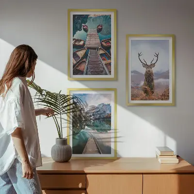 Set de 3 cuadros para salón con diseño de lago, barcos, ciervos y montañas
