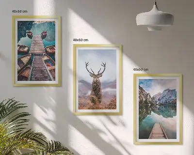 Set de 3 cuadros para salón con diseño de lago, barcos, ciervos y montañas