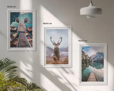 Set de 3 cuadros para salón con diseño de lago, barcos, ciervos y montañas