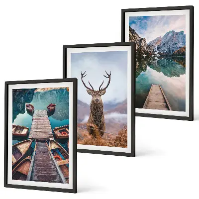 Set de 3 cuadros para salón con diseño de lago, barcos, ciervos y montañas
