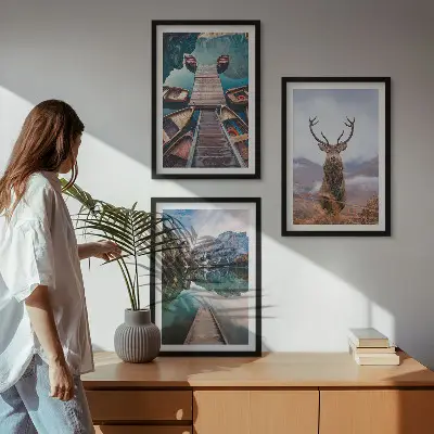 Set de 3 cuadros para salón con diseño de lago, barcos, ciervos y montañas