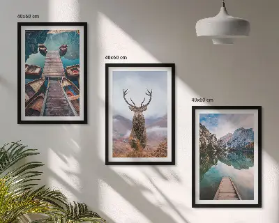 Set de 3 cuadros para salón con diseño de lago, barcos, ciervos y montañas