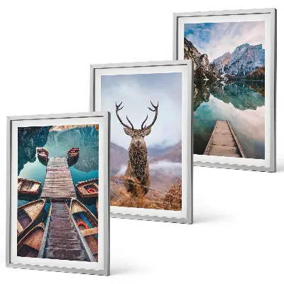 Set de 3 cuadros para salón con diseño de lago, barcos, ciervos y montañas