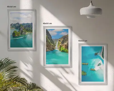 Set de 3 cuadros para salón de islas tropicales con aguas turquesas