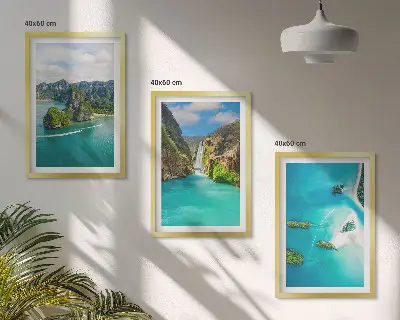 Set de 3 cuadros para salón de islas tropicales con aguas turquesas