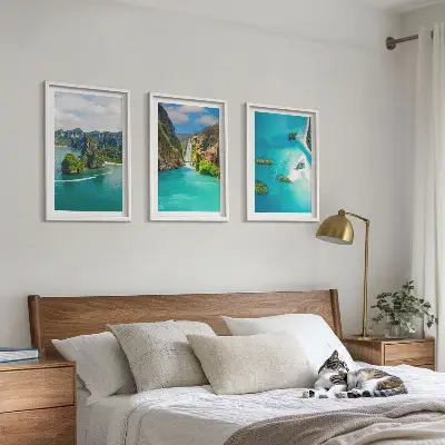 Set de 3 cuadros para salón de islas tropicales con aguas turquesas