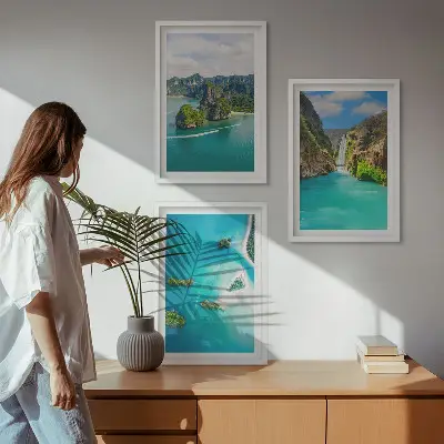 Set de 3 cuadros para salón de islas tropicales con aguas turquesas