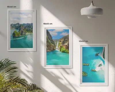 Set de 3 cuadros para salón de islas tropicales con aguas turquesas