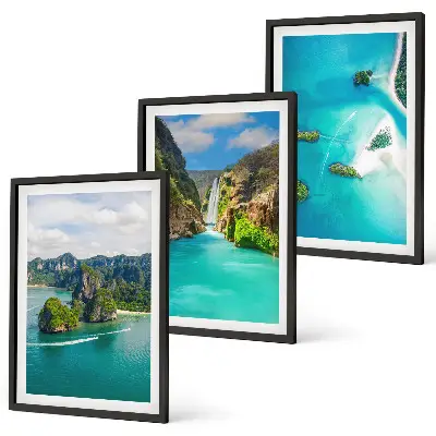 Set de 3 cuadros para salón de islas tropicales con aguas turquesas
