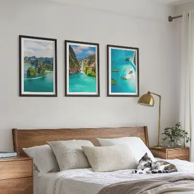 Set de 3 cuadros para salón de islas tropicales con aguas turquesas