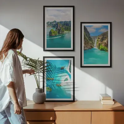 Set de 3 cuadros para salón de islas tropicales con aguas turquesas
