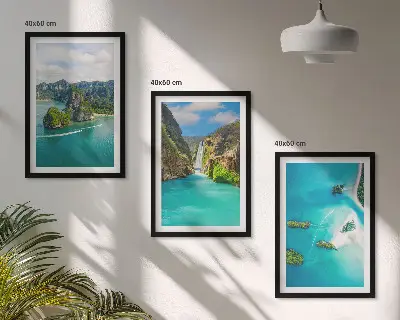 Set de 3 cuadros para salón de islas tropicales con aguas turquesas