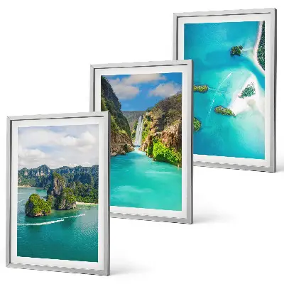 Set de 3 cuadros para salón de islas tropicales con aguas turquesas