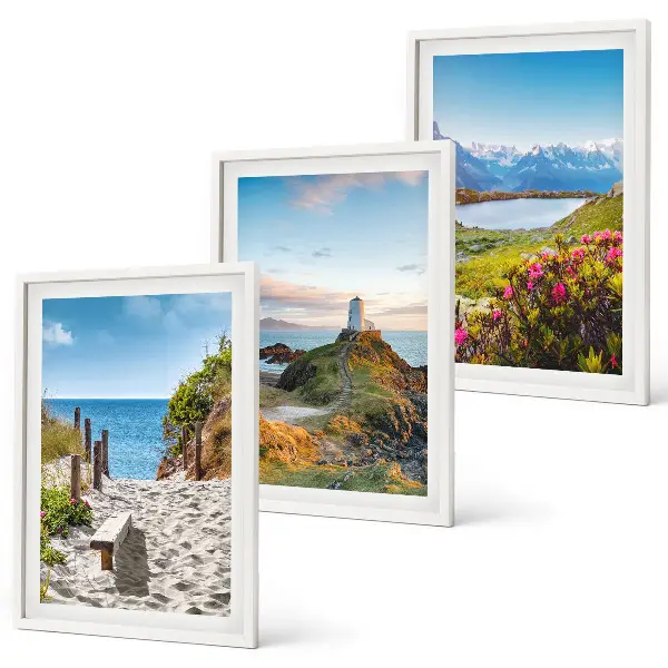 Juego de 3 cuadros con motivos de playa, faro, montañas y flores