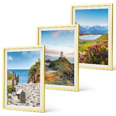 Juego de 3 cuadros con motivos de playa, faro, montañas y flores
