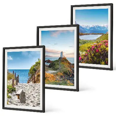 Juego de 3 cuadros con motivos de playa, faro, montañas y flores