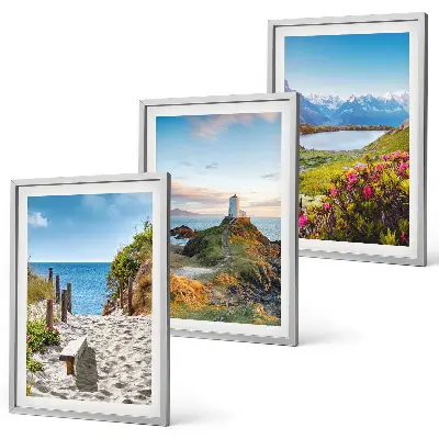 Juego de 3 cuadros con motivos de playa, faro, montañas y flores