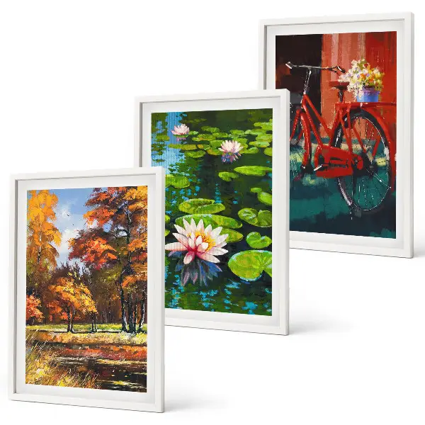 Set de 3 cuadros para salón diseño de terraza de lirios con colores otoñales