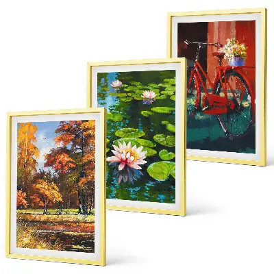 Set de 3 cuadros para salón diseño de terraza de lirios con colores otoñales