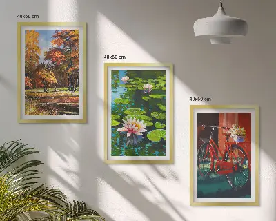 Set de 3 cuadros para salón diseño de terraza de lirios con colores otoñales