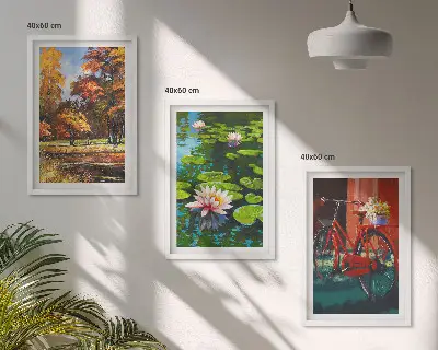 Set de 3 cuadros para salón diseño de terraza de lirios con colores otoñales