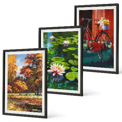 Set de 3 cuadros para salón diseño de terraza de lirios con colores otoñales
