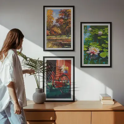 Set de 3 cuadros para salón diseño de terraza de lirios con colores otoñales