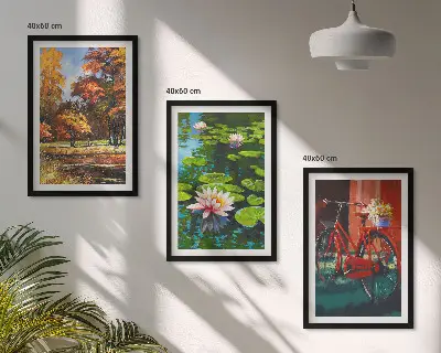 Set de 3 cuadros para salón diseño de terraza de lirios con colores otoñales