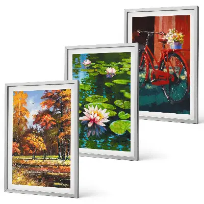 Set de 3 cuadros para salón diseño de terraza de lirios con colores otoñales