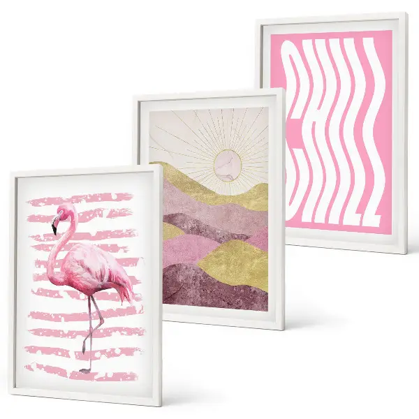 Juego de 3 cuadros paisaje con flamencos rosas en tonos pastel