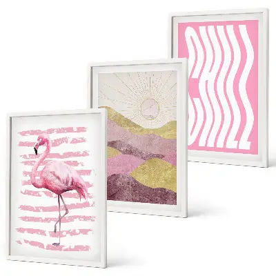 Juego de 3 cuadros paisaje con flamencos rosas en tonos pastel