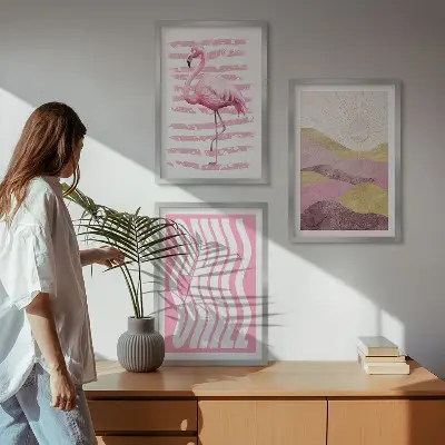 Juego de 3 cuadros paisaje con flamencos rosas en tonos pastel
