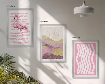 Juego de 3 cuadros paisaje con flamencos rosas en tonos pastel