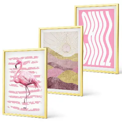 Juego de 3 cuadros paisaje con flamencos rosas en tonos pastel
