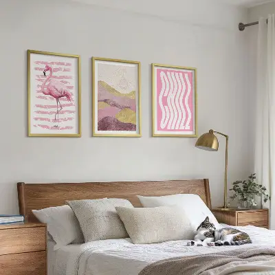 Juego de 3 cuadros paisaje con flamencos rosas en tonos pastel