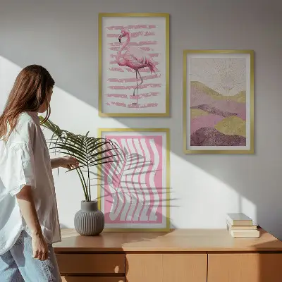 Juego de 3 cuadros paisaje con flamencos rosas en tonos pastel