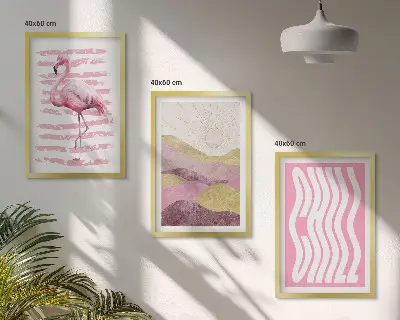 Juego de 3 cuadros paisaje con flamencos rosas en tonos pastel
