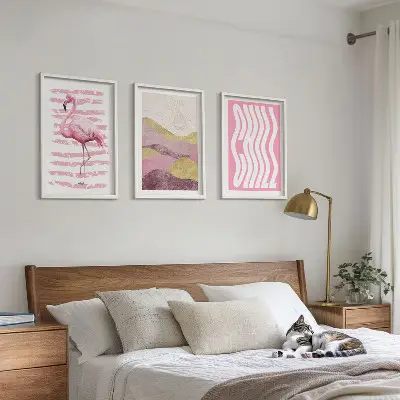 Juego de 3 cuadros paisaje con flamencos rosas en tonos pastel