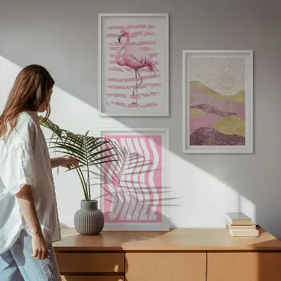 Juego de 3 cuadros paisaje con flamencos rosas en tonos pastel