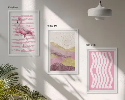Juego de 3 cuadros paisaje con flamencos rosas en tonos pastel