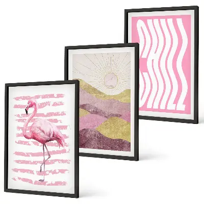 Juego de 3 cuadros paisaje con flamencos rosas en tonos pastel
