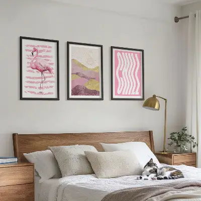 Juego de 3 cuadros paisaje con flamencos rosas en tonos pastel