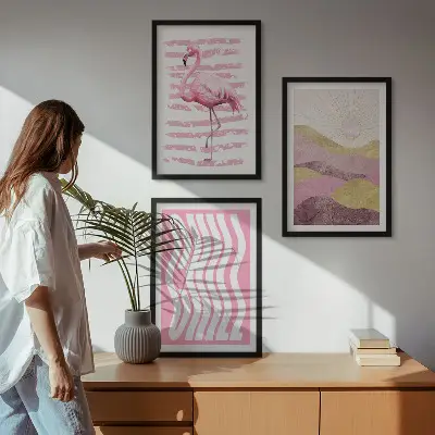 Juego de 3 cuadros paisaje con flamencos rosas en tonos pastel